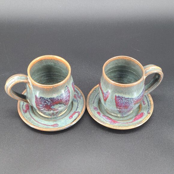 Vintage Art Pottery Cup Saucer Blue Green Purple Glazed Signed Set of 2 - Picture 2 of 6